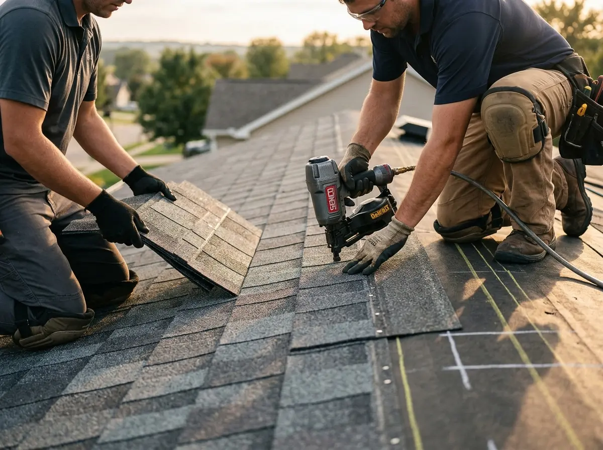Professional roofer working on a residential roof in Bend